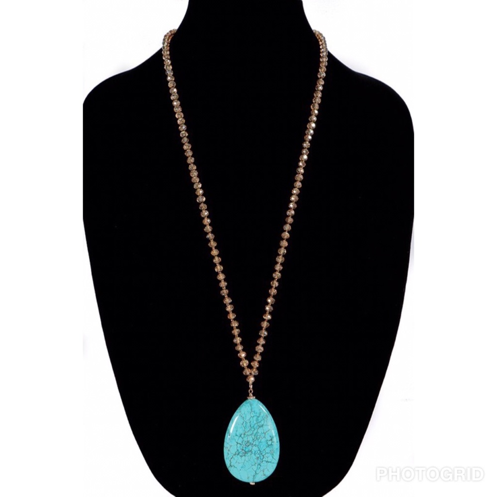 NATURAL STONE TEARDROP PENDANT GLASS BEAD NECKLACE - Picture 2 of 7